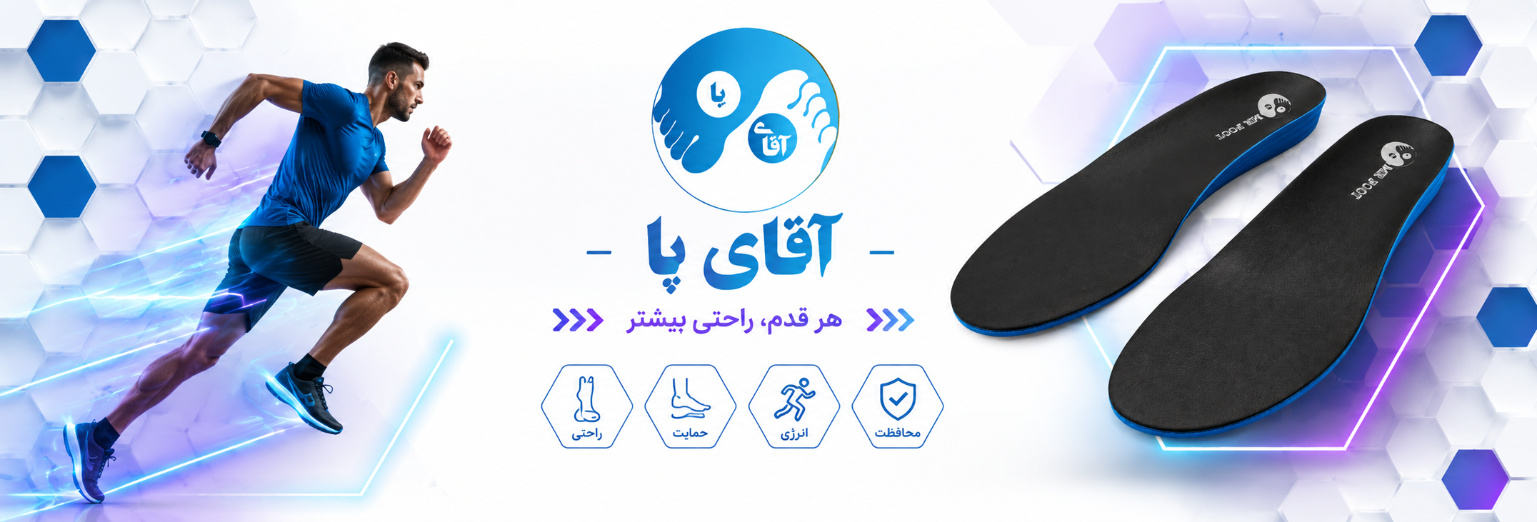 کفی طبی و ارتوپدی Mr Feet برای حمایت از قوس پا و بهبود راحتی هنگام راه رفتن و فعالیت، همراه با تصویر ورزشکار و کفی‌های طبی تخصصی